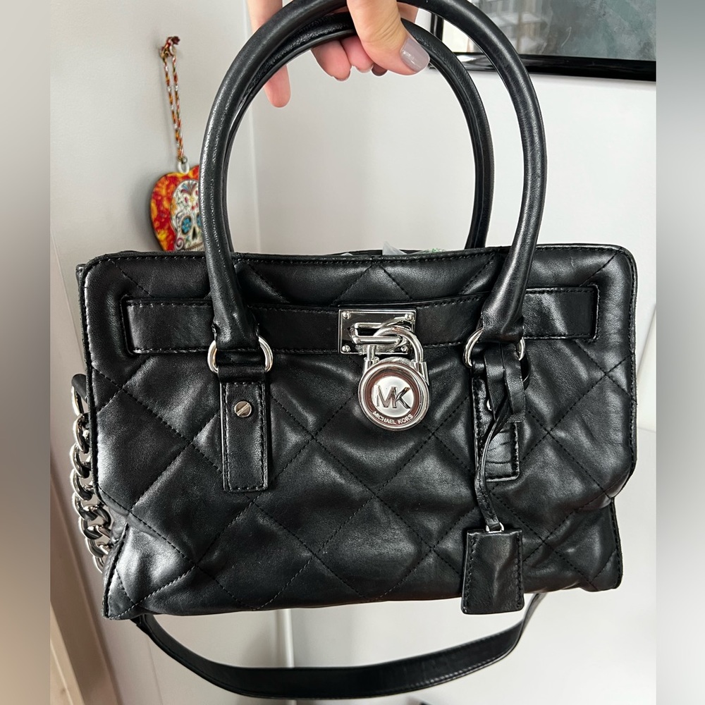 Michael Kors Medium Hamilton Quilted Black Patent Leather Lock and Key Purse Bag